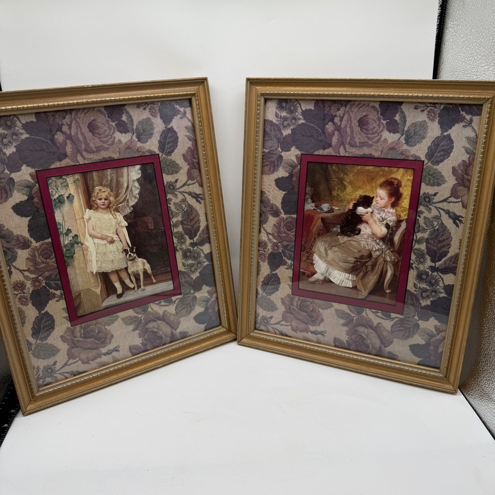 Vintage Victorian Style Framed Prints Girl with Dog Cat Floral Matting Set 2